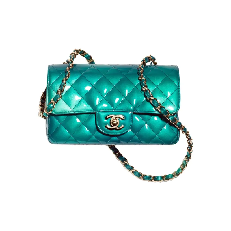 CHANEL Calf Patent Leather Flap Bag, Shoulder Bag, Crossbody Bag Mini Women's Green/Blue-0