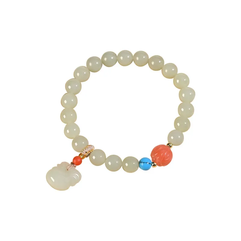 KUNYUYAO Chinese Zodiac Zodiac Year Bead Chain Beaded Bracelet White Jade Unisex-40