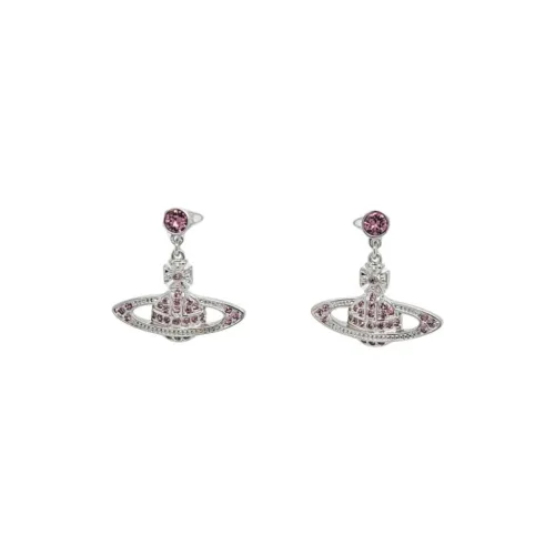 Vivienne Westwood Crystal Saturn Styling Pendant Stud Earrings Unisex Silver/Purple Pink Diamond