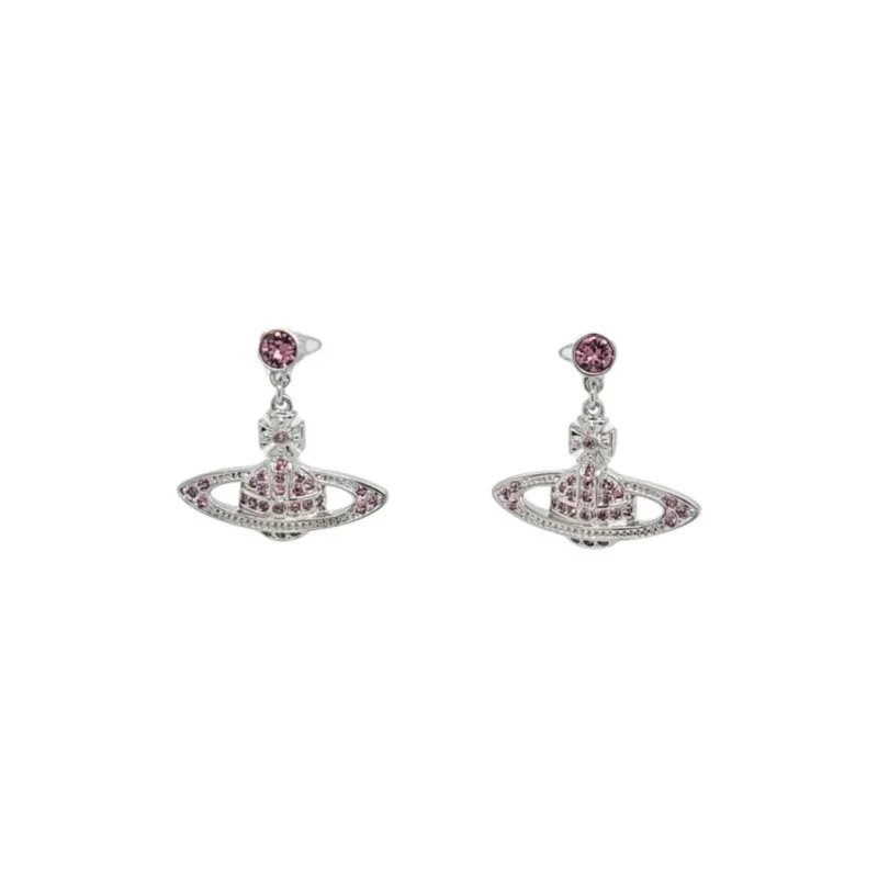 Vivienne Westwood Crystal Saturn Styling Pendant Stud Earrings Unisex Silver/Purple Pink Diamond-0