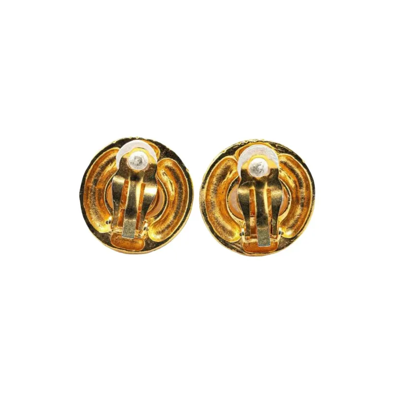 CHANEL 1970-1980 Plated Faux Pearl Logo Clip On Earrings Costume Earrings-1