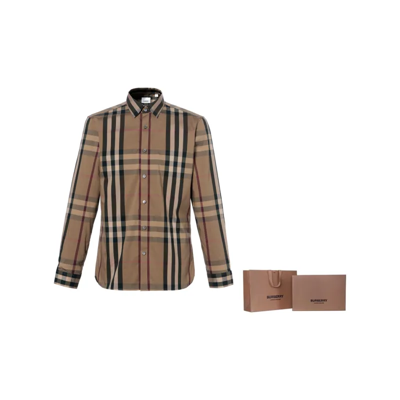 Burberry Check Point Collar Single-Breasted Long Sleeve Shirt Brown-4