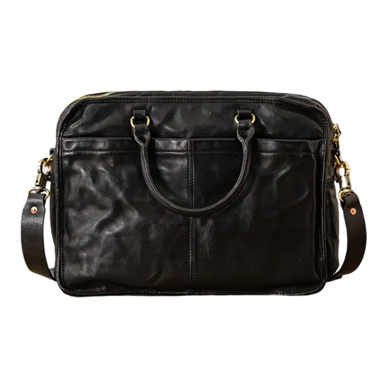 Back Step Cow Leather Portable Briefcase Shoulder Bag Crossbody Bag Large Size Unisex Black-2