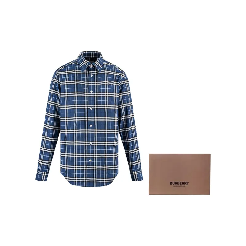 Burberry Men Grid Collar Button-Down Long Sleeve Shirt Blue-2