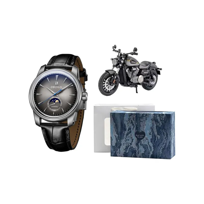 OBLVLO Automatic Mechanical Movement Genuine Leather Strap Watch Men's Watches Gold Dial-2