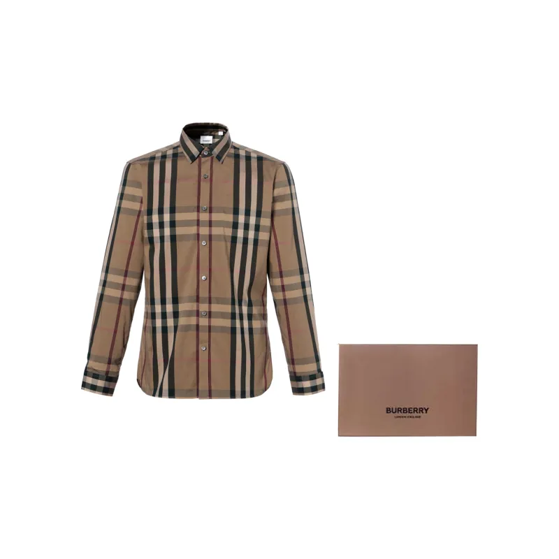 Burberry Check Point Collar Single-Breasted Long Sleeve Shirt Brown-3