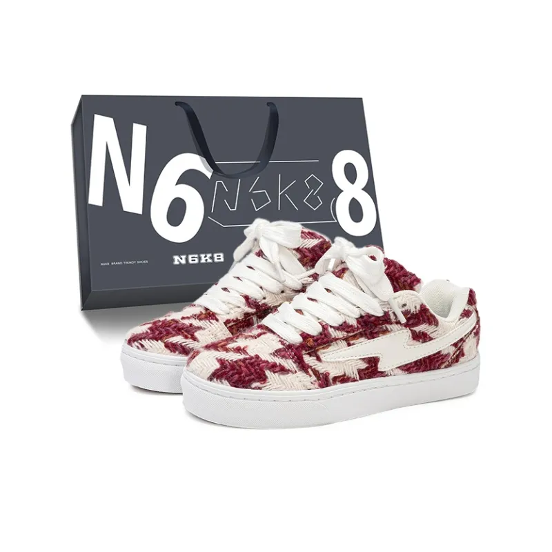 N6K8 Anti Slip Wear Resistant Low Top Skateboard Shoes Unisex Houndstooth Red Gift Box Set-0