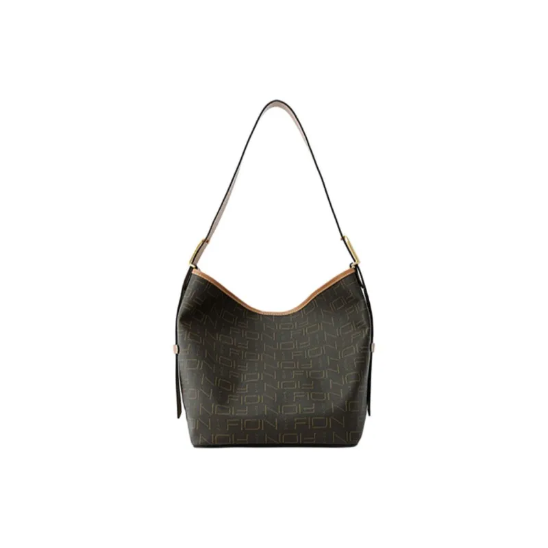 FION Coated Canvas Bucket Handbag, Shoulder Bag Medium Size Women's Dark Coffee Brown-3