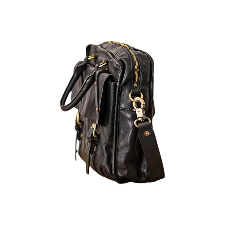 Back Step Cow Leather Portable Briefcase Shoulder Bag Crossbody Bag Large Size Unisex Black-3
