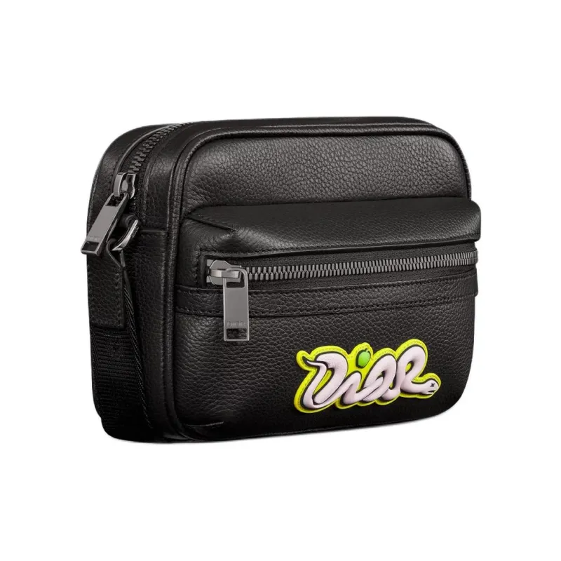 DIOR KAWS Collaboration Cow Leather Crossbody Bag Shoulder Bag Mini Unisex Black-1