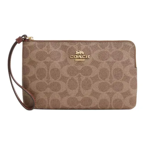 COACH Artificial Leather Wrist Bags Clutches Large Size Women's Brown Yellow
