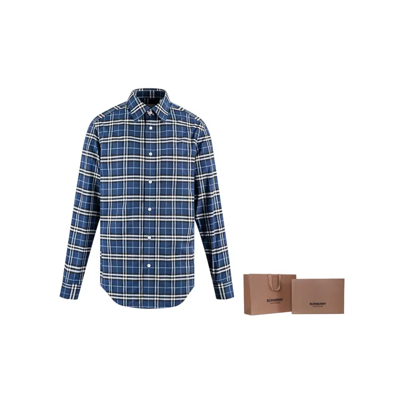 Burberry Men Grid Collar Button-Down Long Sleeve Shirt Blue-3