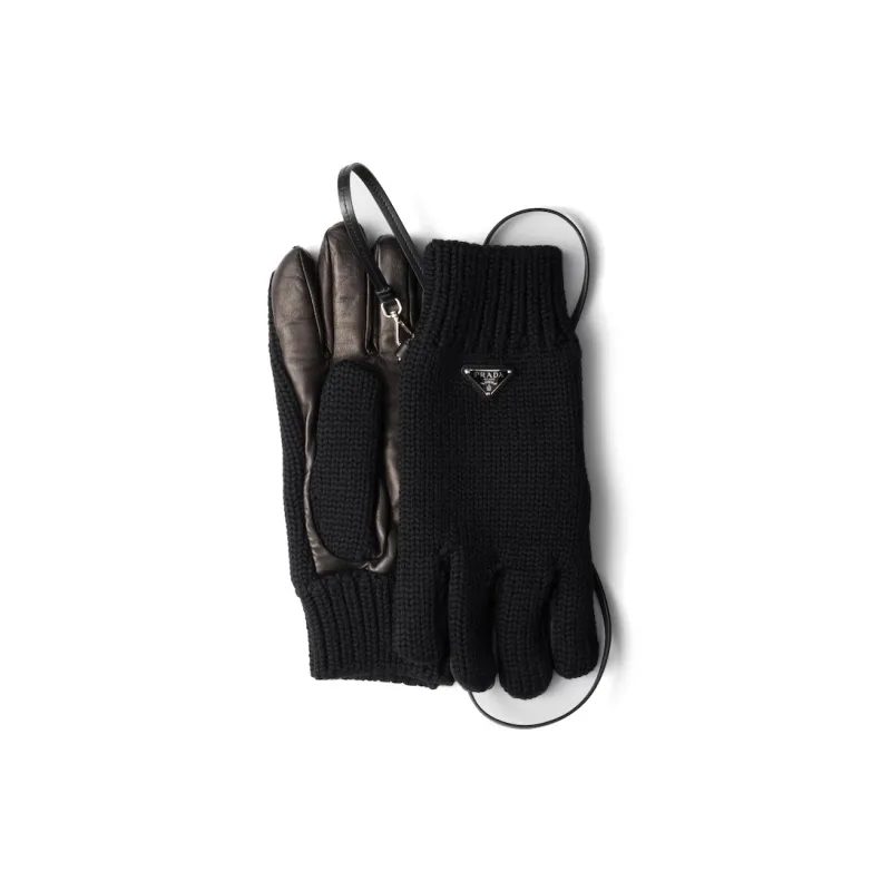 PRADA Virgin Wool, Metal, Leather Knit Gloves Women's Black-0