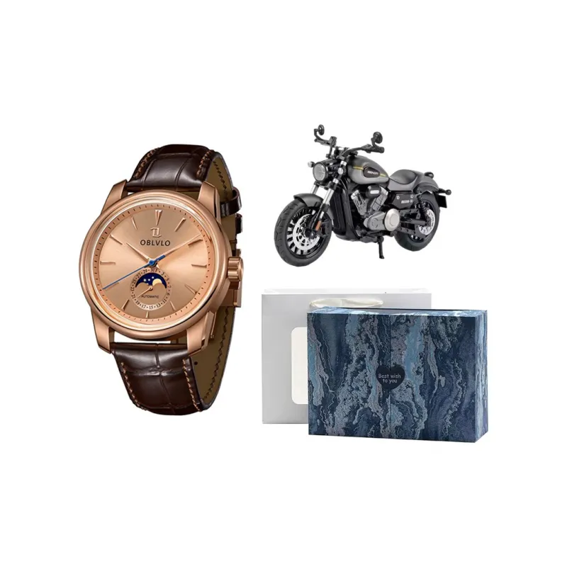 OBLVLO Automatic Mechanical Movement Genuine Leather Strap Watch Men's Watches Gold Dial-0