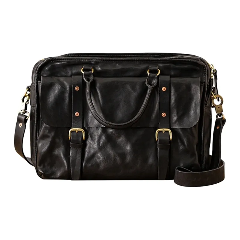 Back Step Cow Leather Portable Briefcase Shoulder Bag Crossbody Bag Large Size Unisex Black-1