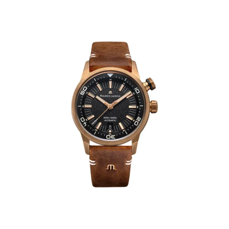 MAURICE LACROIX S Collection Mechanical Movement Unisex Watch 42mm Black Dial Bronze Watch Case Leather Strap-0