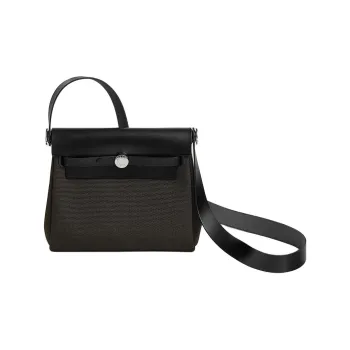 HERMES Canvas With Hunter Cow Leather Crossbody Bag Shoulder Bag Mini Women's Dark Bronze & Black