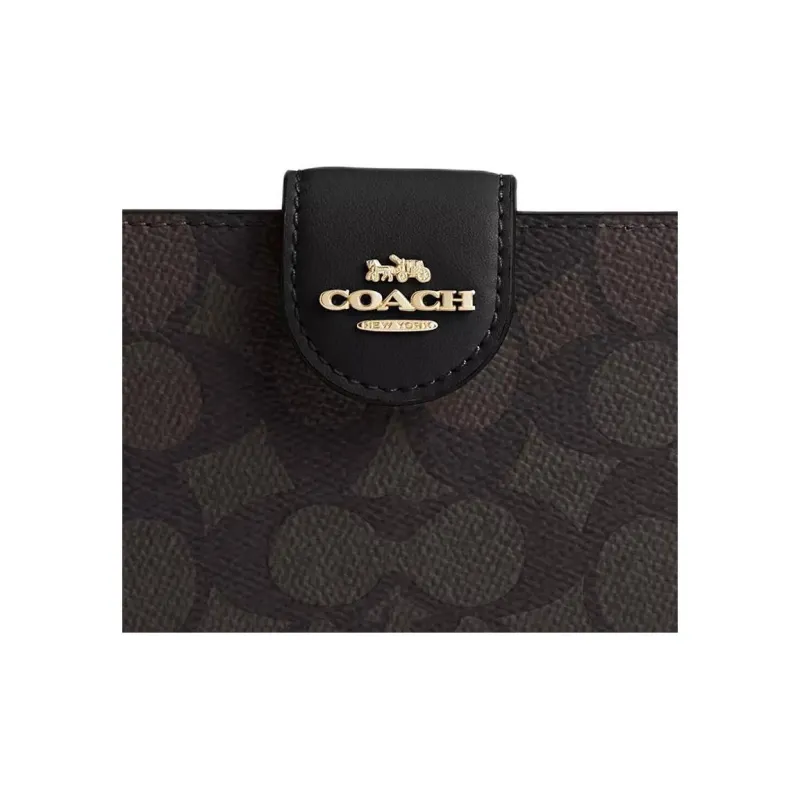 COACH SignatureCanvas High quality Leather Wallet Medium Size Women's Walnut Wood With Black Accents-3