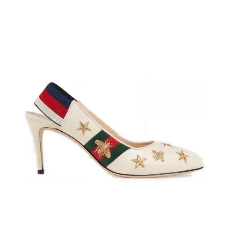 GUCCI Web Bee Slim Heel High Heels Women's White-1