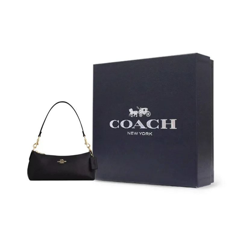 COACH Charlotte Cross Stitch Leather Shoulder Bag Portable Crossbody Bag Shoulder Bag Medium Size Women's Black-6
