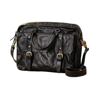 Back Step Cow Leather Portable Briefcase Shoulder Bag Crossbody Bag Large Size Unisex Black