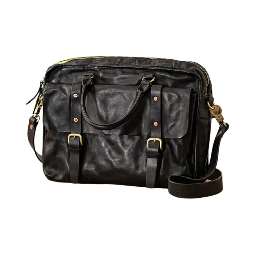 Back Step Cow Leather Portable Briefcase Shoulder Bag Crossbody Bag Large Size Unisex Black