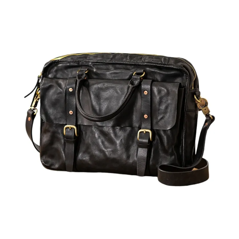Back Step Cow Leather Portable Briefcase Shoulder Bag Crossbody Bag Large Size Unisex Black-0
