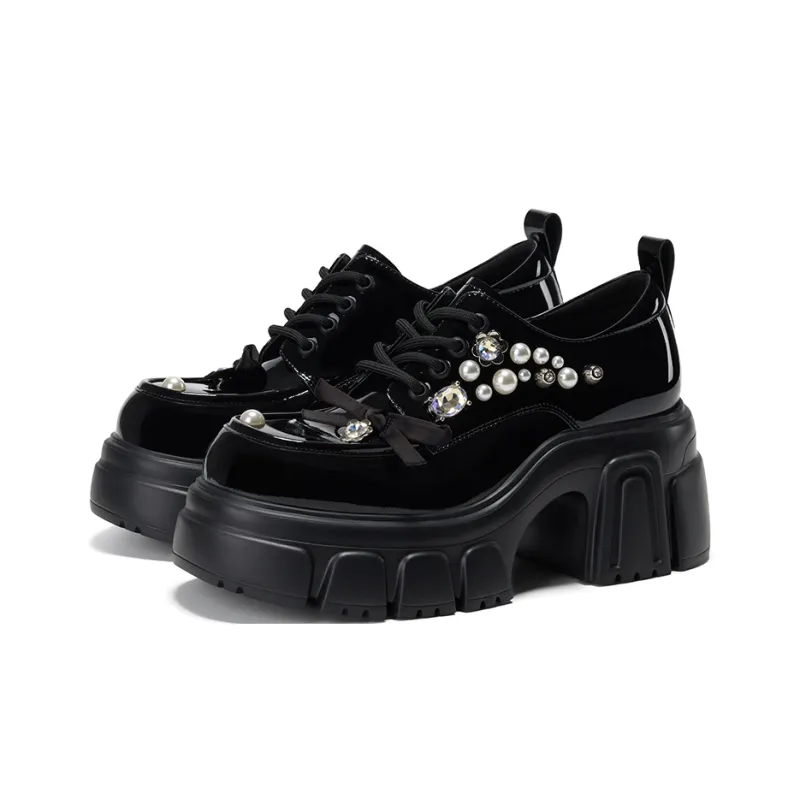 GG CC Rhinestone Small Leather Shoes Vintage Platform Loafers 7.5cm Women's Black-2