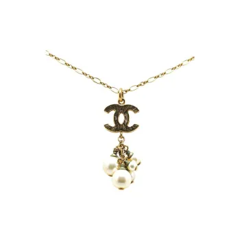 CHANEL 2007 Plated Cc Faux Pearl Pendant Necklace Costume Necklace