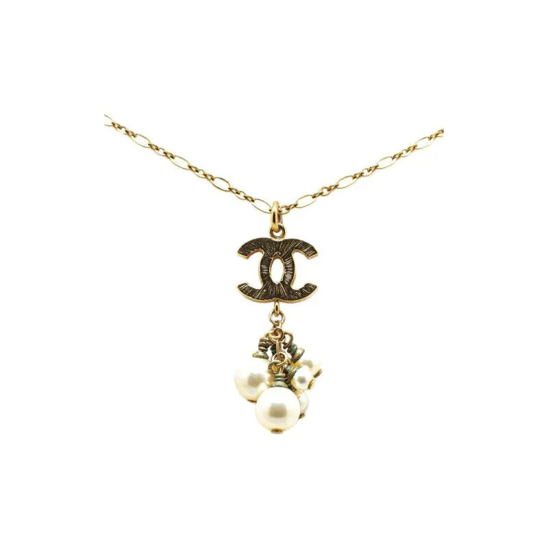 CHANEL 2007 Plated Cc Faux Pearl Pendant Necklace Costume Necklace-0