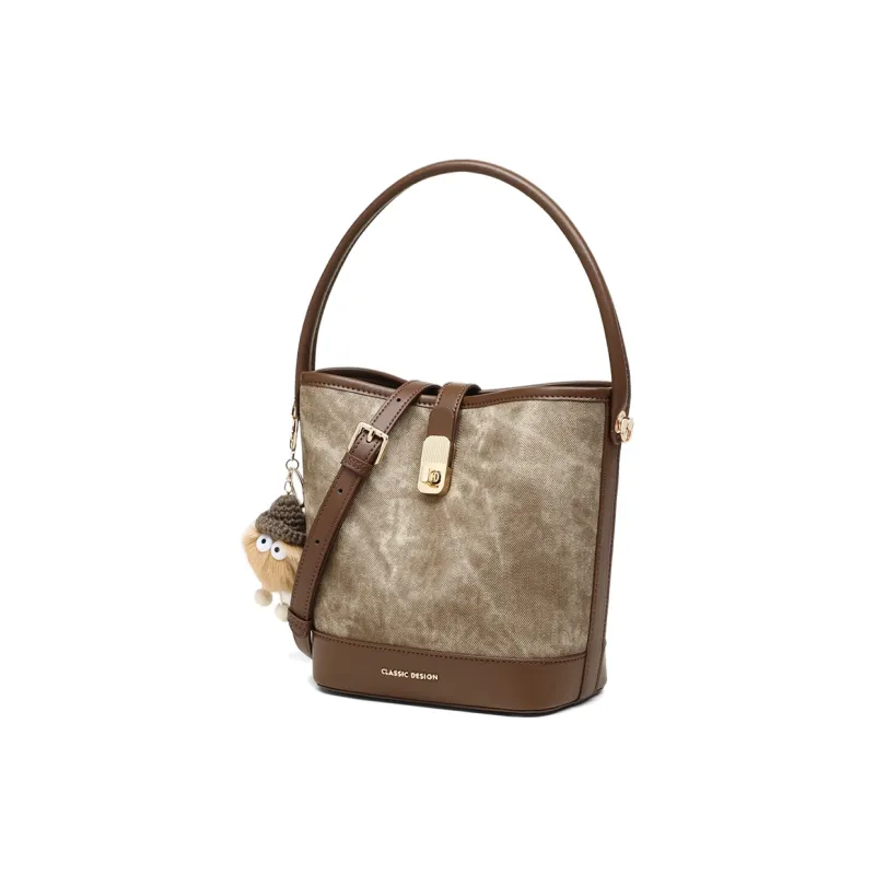COMELY Synthetic Leather Bucket Shoulder Bag Crossbody Bag Handbag Women's Coffee-3