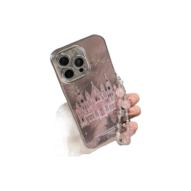 QIZHENG ABS+PC Material Girlish Smoke Castle With Chain Phone Case Compatible With Apple 16 Pro Max/15/14/13/12/11-1
