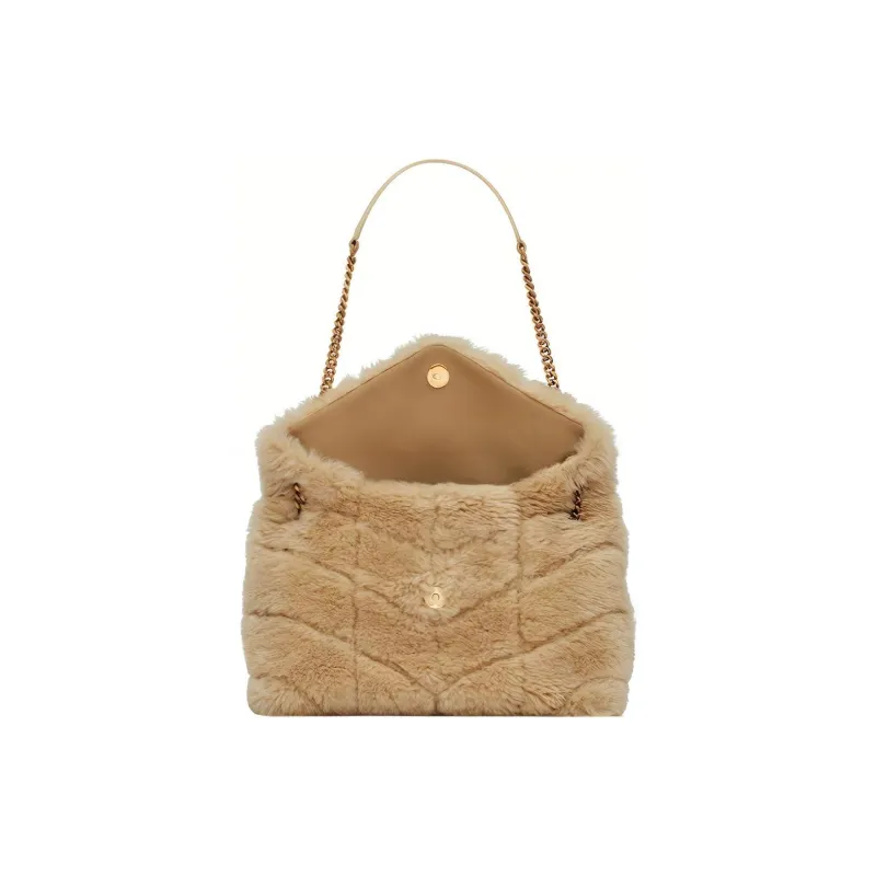 SAINT LAURENT Wool Bonded Leather Cloud Bag Pillow Bag Shoulder Bag Crossbody Bag Small Size Women's Beige-3