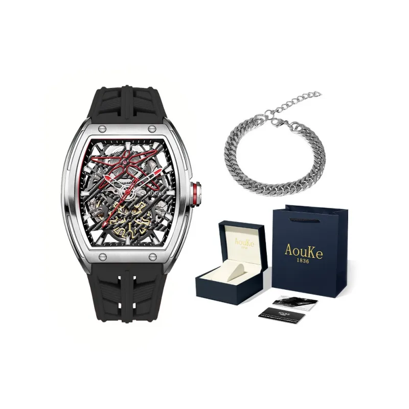 AOUKE Mechanical Movement Silicone Strap Watch Men's Watches Cut-Out Dial-32