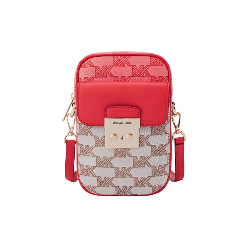 MICHAEL KORS Sloan Fabric Crossbody Cell Phone Pouch Small Size Women's Watermelon Red With Beige Accents-0