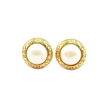 CHANEL 1970-1980 Plated Faux Pearl Logo Clip On Earrings Costume Earrings
