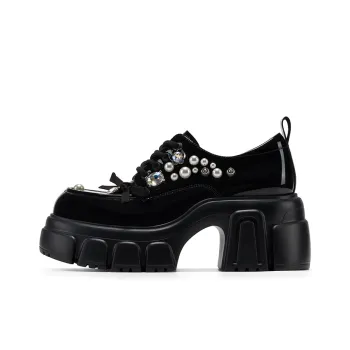 GG CC Rhinestone Small Leather Shoes Vintage Platform Loafers 7.5cm Women's Black