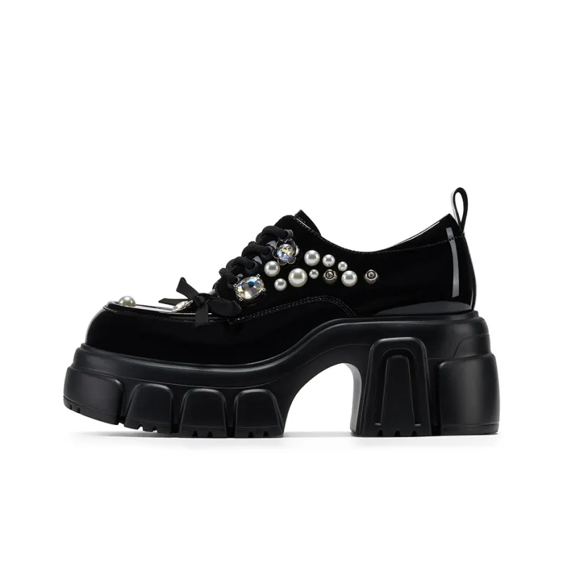 GG CC Rhinestone Small Leather Shoes Vintage Platform Loafers 7.5cm Women's Black-0