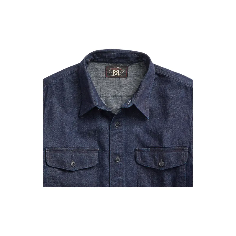 DOUBLE RL Indigo Cotton Linen Denim Workshirt Long Sleeved Shirt Men's Blue-4