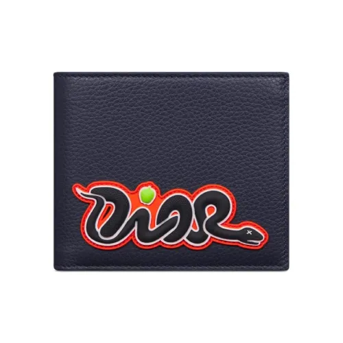DIOR KAWS Collaboration Cow Leather Wallet Unisex Blue