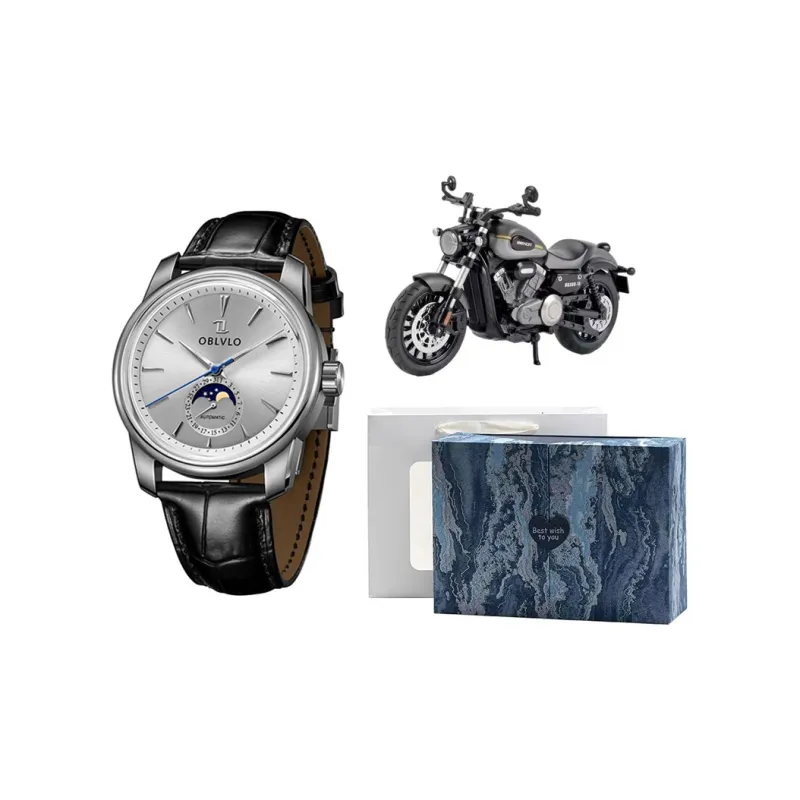 OBLVLO Automatic Mechanical Movement Genuine Leather Strap Watch Men's Watches Gold Dial-4