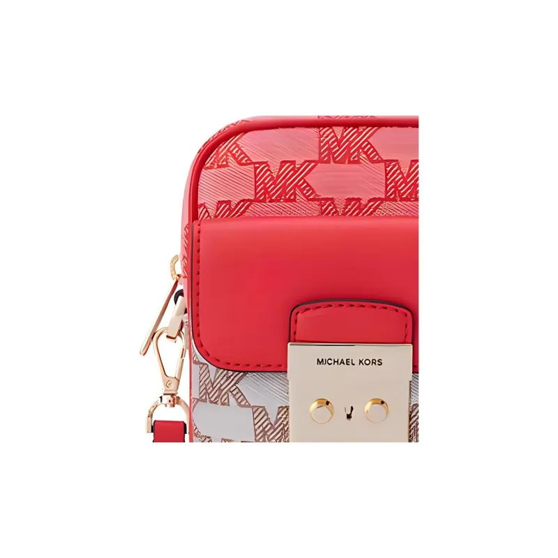 MICHAEL KORS Sloan Fabric Crossbody Cell Phone Pouch Small Size Women's Watermelon Red With Beige Accents-2