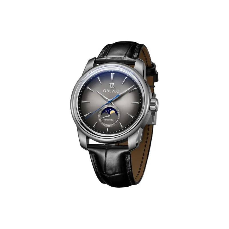 OBLVLO Automatic Mechanical Movement Genuine Leather Strap Watch Men's Watches Gold Dial-3