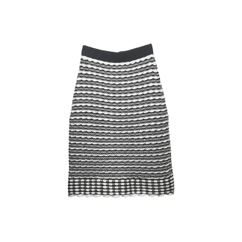 GURUI Knit Long Skirt Women's Black White Stripes-1