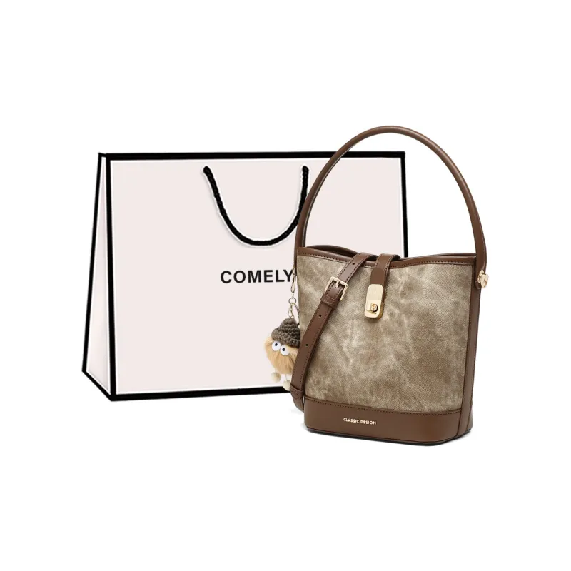 COMELY Synthetic Leather Bucket Shoulder Bag Crossbody Bag Handbag Women's Coffee-0