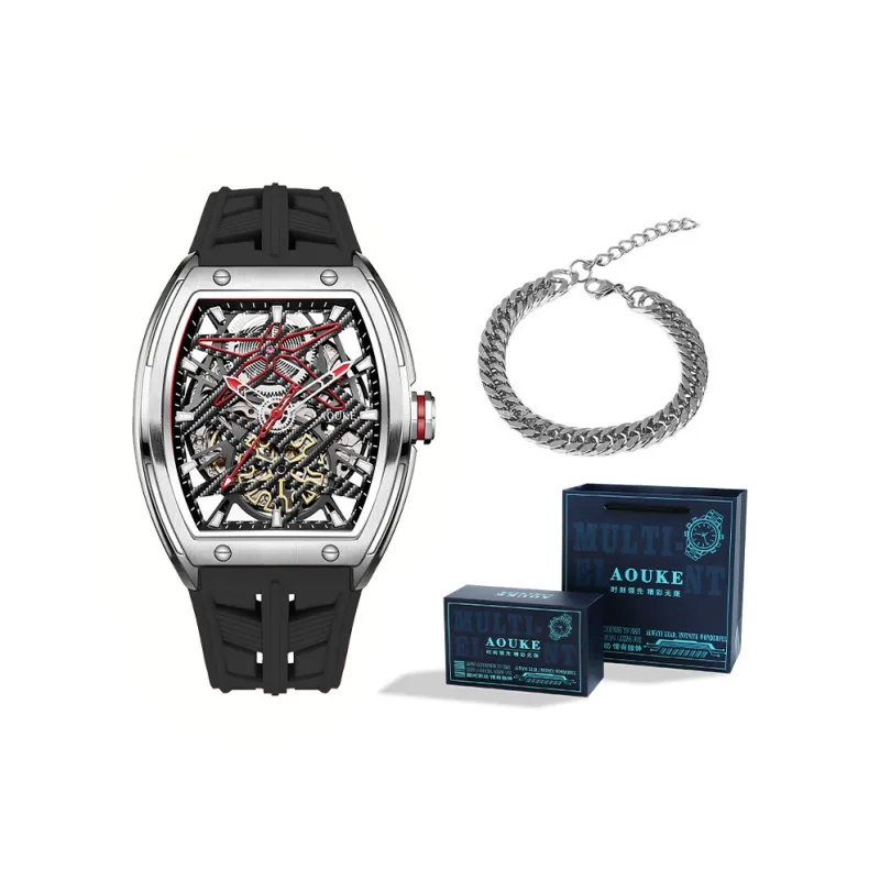 AOUKE Mechanical Movement Silicone Strap Watch Men's Watches Cut-Out Dial-27