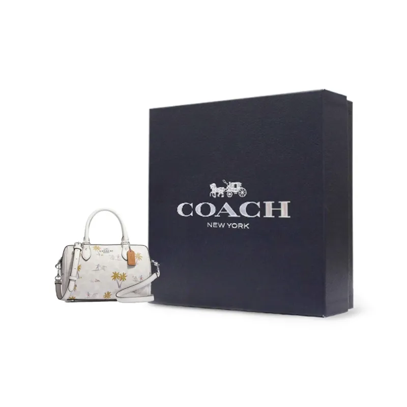 COACH Rowan Classic Jacquard Leather Boston Bag One Shoulder Handbags Medium Size Women's White-6