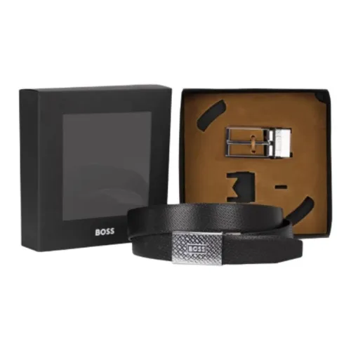 HUGO BOSS Double Sided Leather Leather Belts Men's Black Width  3.5cm
