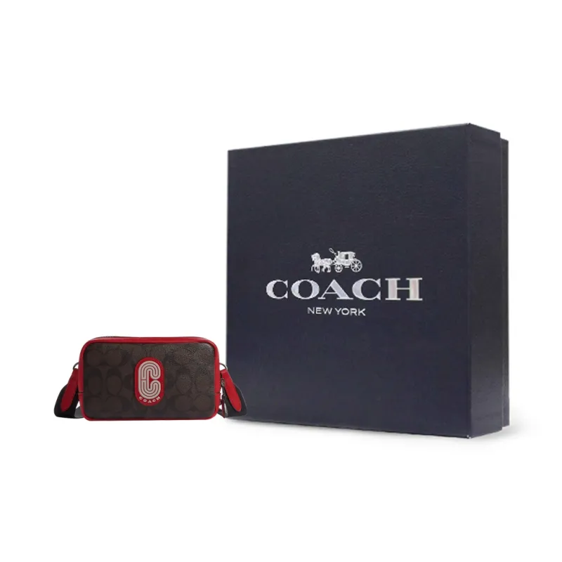 COACH Carrier Canvas With Calfskin Cell Phone Pouch, Shoulder Bag, Crossbody Bag Small Size Women's Brown & Red-5