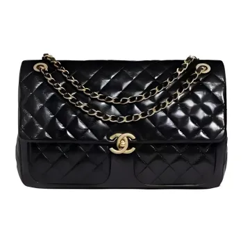 CHANEL Bright Lambskin Handbag, Shoulder Bag, Crossbody Bag Medium Size Women's Black